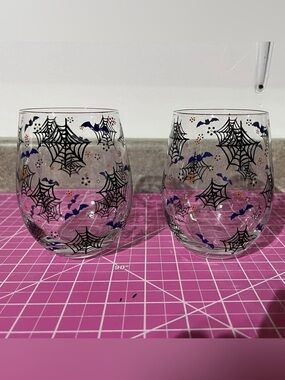 Temptations Boofetti- Halloween Spiderweb & Bat Stemless Wine Glasses (Set of 2)